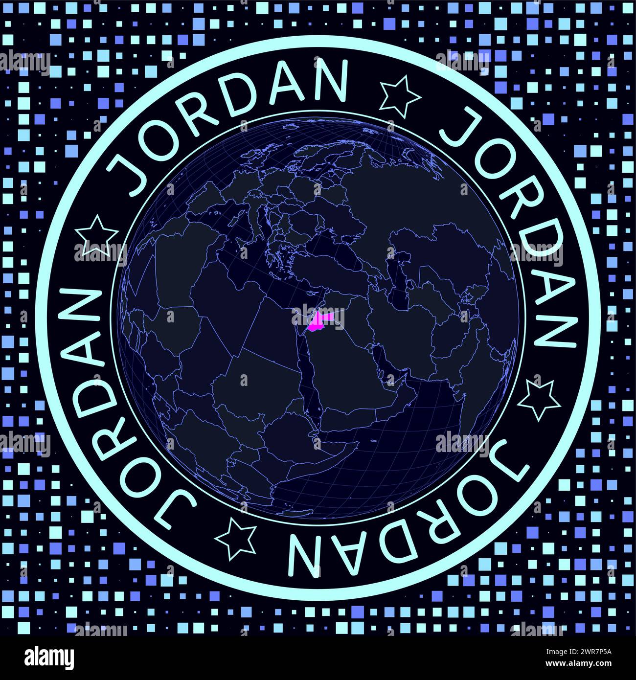 Jordan On Globe Vector Futuristic Satelite View Of The World Centered Jordan On Globe Vector Futuristic Satelite View Of The World Centered To Jordan Geographical Illustration With Shape Of Country And Squares Backgrou 2WR7P5A 