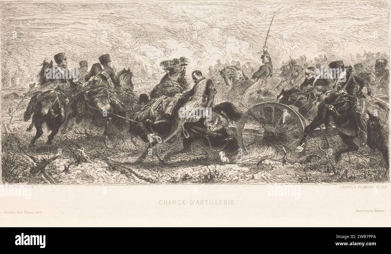 Artillery losses, Charge d'artillerie (title on object), print maker: Léopold Flameng, after painting by: Christian Adolf Schreyer, printer: Alfred Salmon, Paris, 1865, paper, etching, height 188 mm × width 336 mm, print Stock Photo