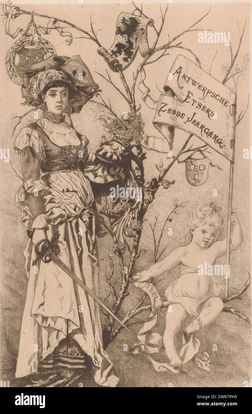 Young woman with helmet and sword near a branch with coats of arms, Antwerp Etsers Sixth Year (title on object), Album der Antwerpsche Etsers 1889 (series title), The coat of arms on the right is of the Guild of Saint Luke., print maker: Willem Geets, (attributed to), 1889, paper, etching, height 359 mm × width 240 mm, print Stock Photo