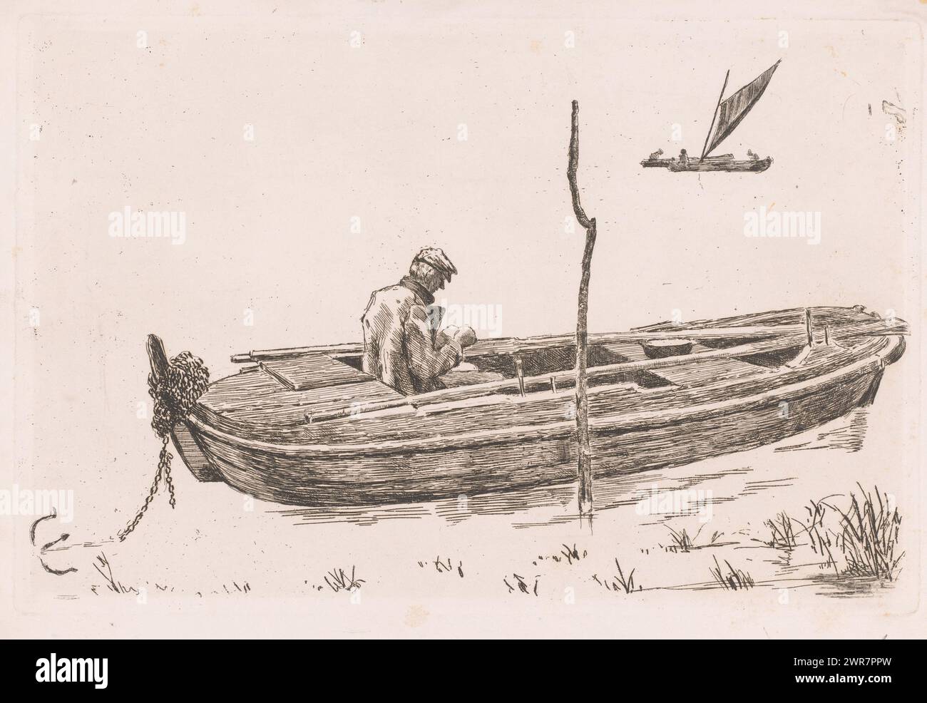 Rowboat anchored in open water and a sailboat in the background, print maker: Jules Guiette, 1862 - 1901, paper, etching, drypoint, height 237 mm × width 360 mm, print Stock Photo