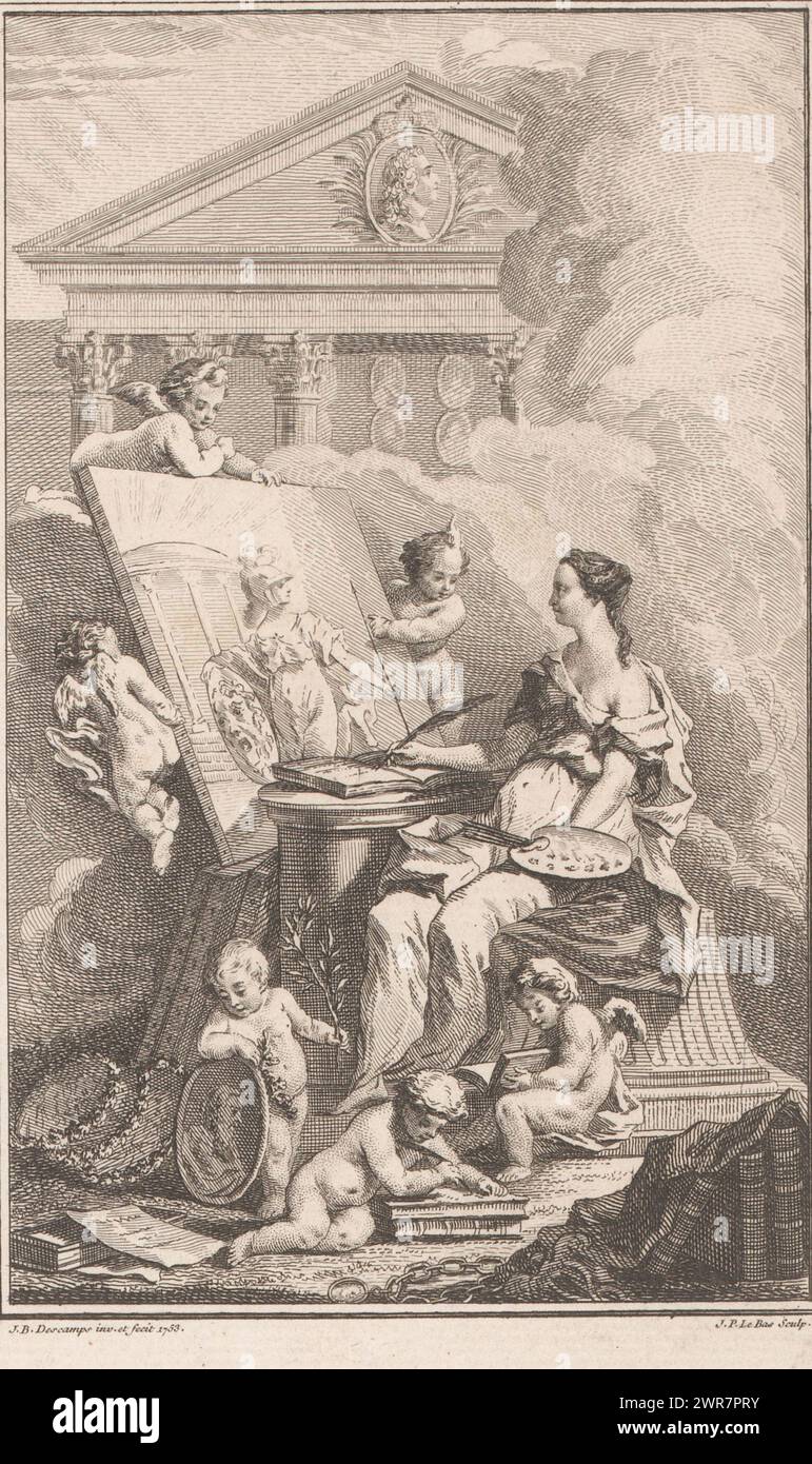 Young woman in front of a painting of Minerva, held up by angels, print maker: Jacques-Philippe Le Bas, after design by: Jean Baptiste Descamps, print maker: Paris, after design by: France, 1753, paper, etching, height 177 mm × width 109 mm, print Stock Photo