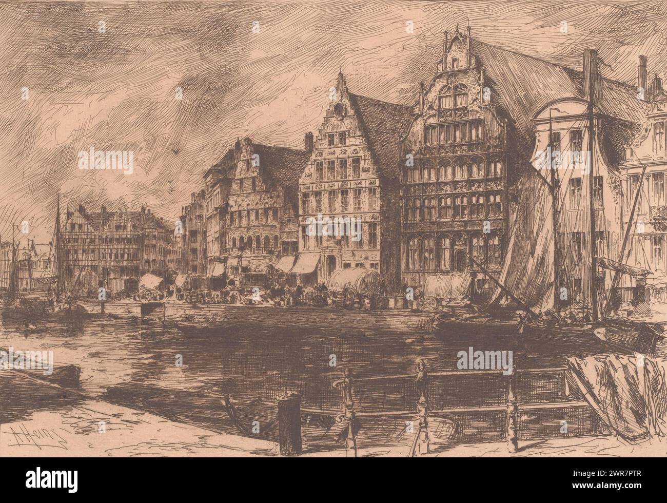 Graslei in Ghent, Un Quai à Gand (title on object), print maker: Armand Heins, 1866 - 1910, paper, etching, height 200 mm × width 277 mm, print Stock Photo
