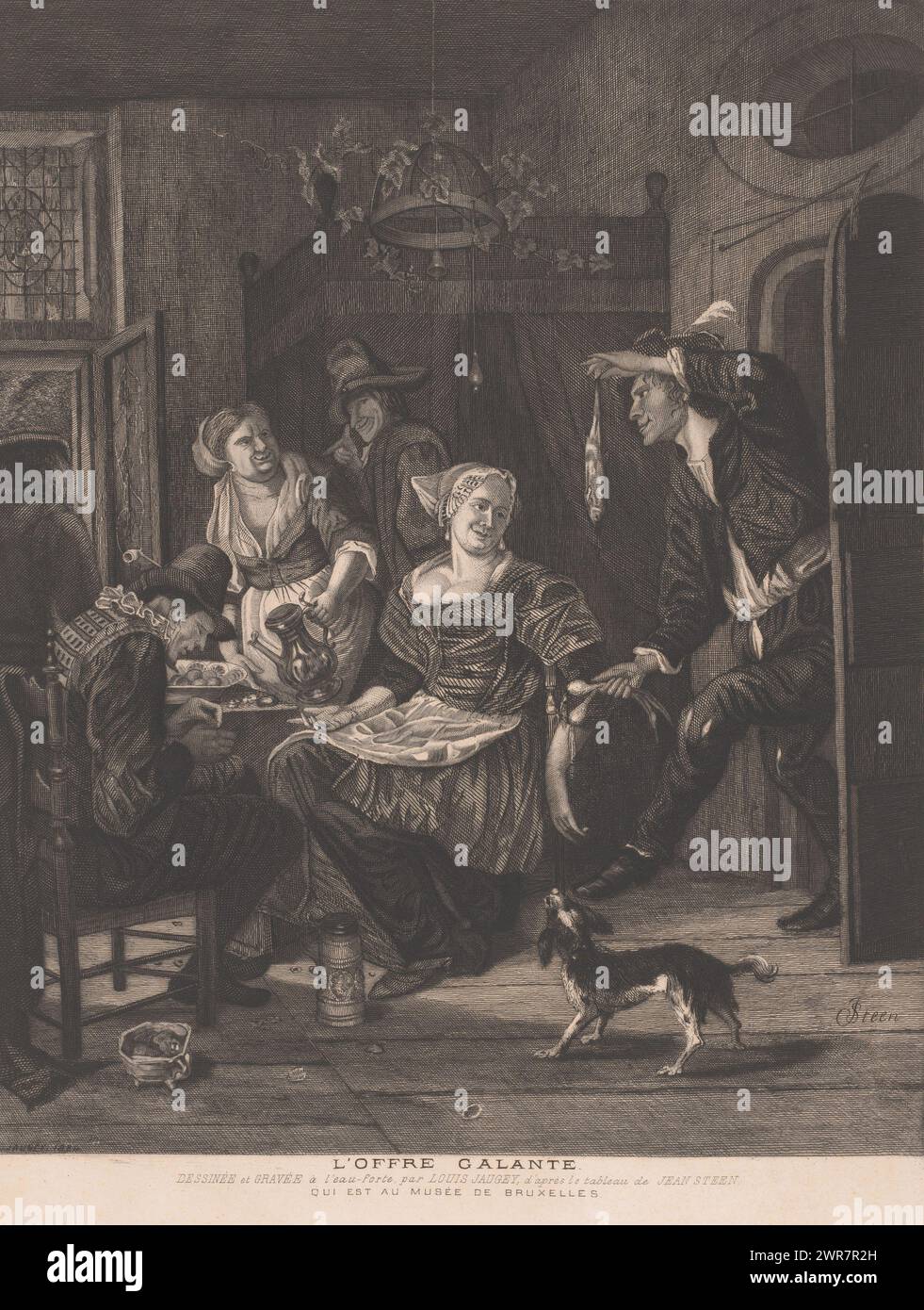 Man walks into a room with company at the table and offers a fish, The Love Offer, L'Offre galante (title on object), print maker: Louis Jaugey, after painting by: Jan Havicksz. Steen, 1884, paper, etching, engraving, height 510 mm, width 291 mm, print Stock Photo