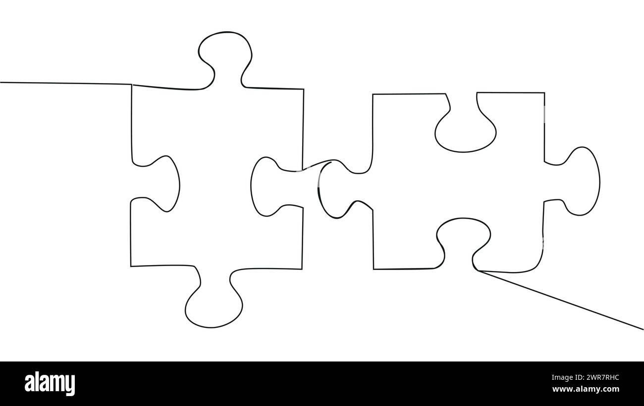 One line connecting puzzle pieces in one continuous line. Puzzle element Stock Vector