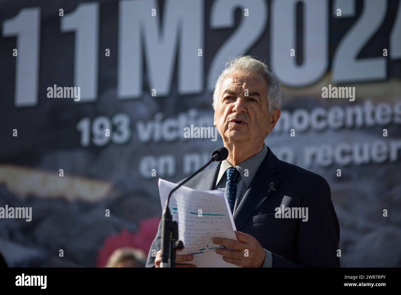 Madrid, Spain. 11th Mar, 2024. Eulogio Paz, president of the 11M Association Affected by Terrorism, speaks to the public during a commemorative event for the victims of the train bombing at the Atocha train station in Madrid, during the 20th anniversary of the terrorist attack. On March 11, 2004, several terrorist attacks occurred in Madrid, leaving 193 people dead and around 2,000 injured. Credit: SOPA Images Limited/Alamy Live News Stock Photo