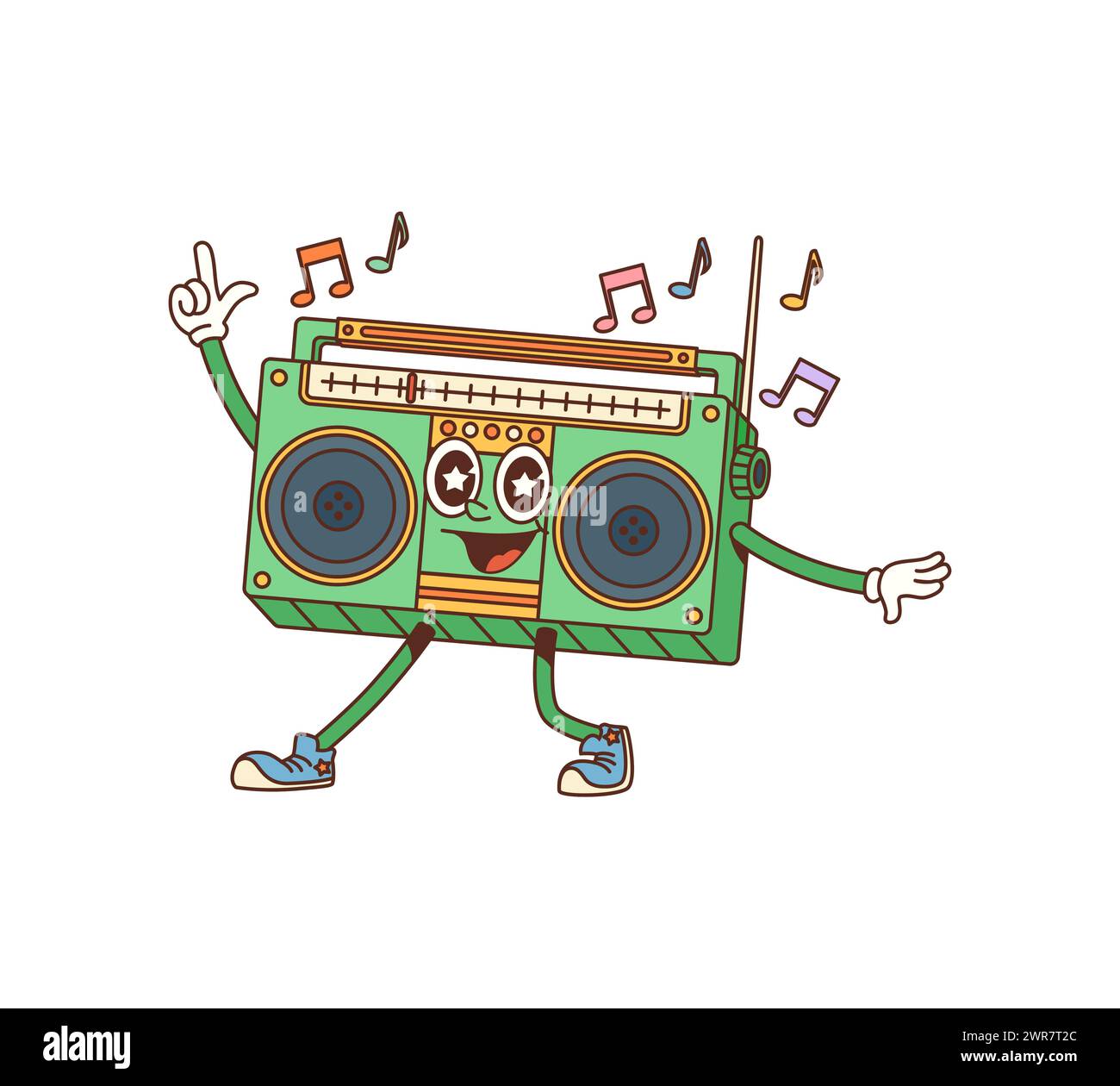 Groovy retro tape recorder cartoon character. Hippie happy character, vintage cheerful boombox personage or retro funny music player isolated vector sticker. Cute dancing tape recorder 60s mascot Stock Vector