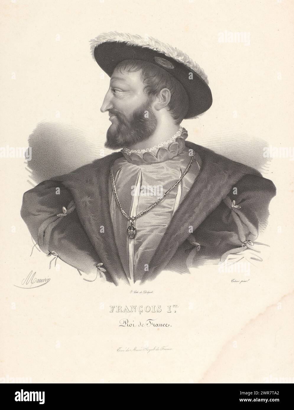Portrait of Francis I of Valois-Angoulême, King of France, François 1er. Roi de France (title on object), print maker: Nicolas Maurin, after painting by: Titiaan, printer: veuve Delpech (Naudet), Paris, 1825 - 1842, paper, height 464 mm × width 312 mm, print Stock Photo