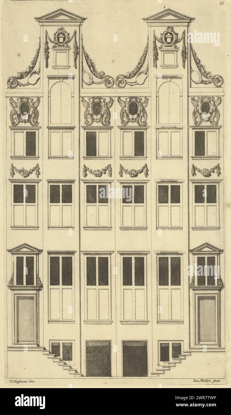 Front facades of the two left Cromhout houses in Amsterdam, The two left Cromhout houses on the Herengracht in Amsterdam designed by Philips Vingboons., print maker: Jan Matthysz., after design by: Philips Vinckboons (II), Amsterdam, 1674, paper, etching, engraving, height 359 mm × width 208 mm, print Stock Photo