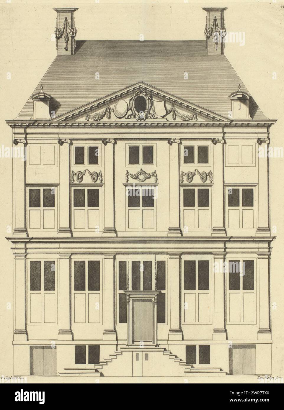 Facade of a house in Amsterdam, Front of the house at Herengracht 386 in Amsterdam, which was commissioned by Karel Gerards and designed by Philips Vingboons., print maker: Jan Matthysz., after design by: Philips Vinckboons (II), Amsterdam, 1674, paper, etching, engraving, height 378 mm × width 290 mm, print Stock Photo