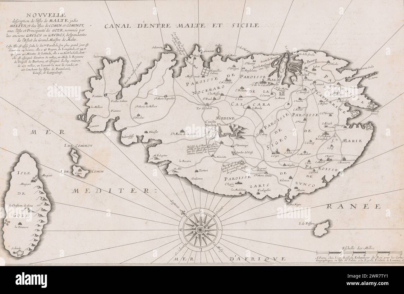 Map of the island of Malta, print maker: anonymous, publisher: Jean Boisseau, Paris, 1645, paper, engraving, height 370 mm × width 560 mm, print Stock Photo