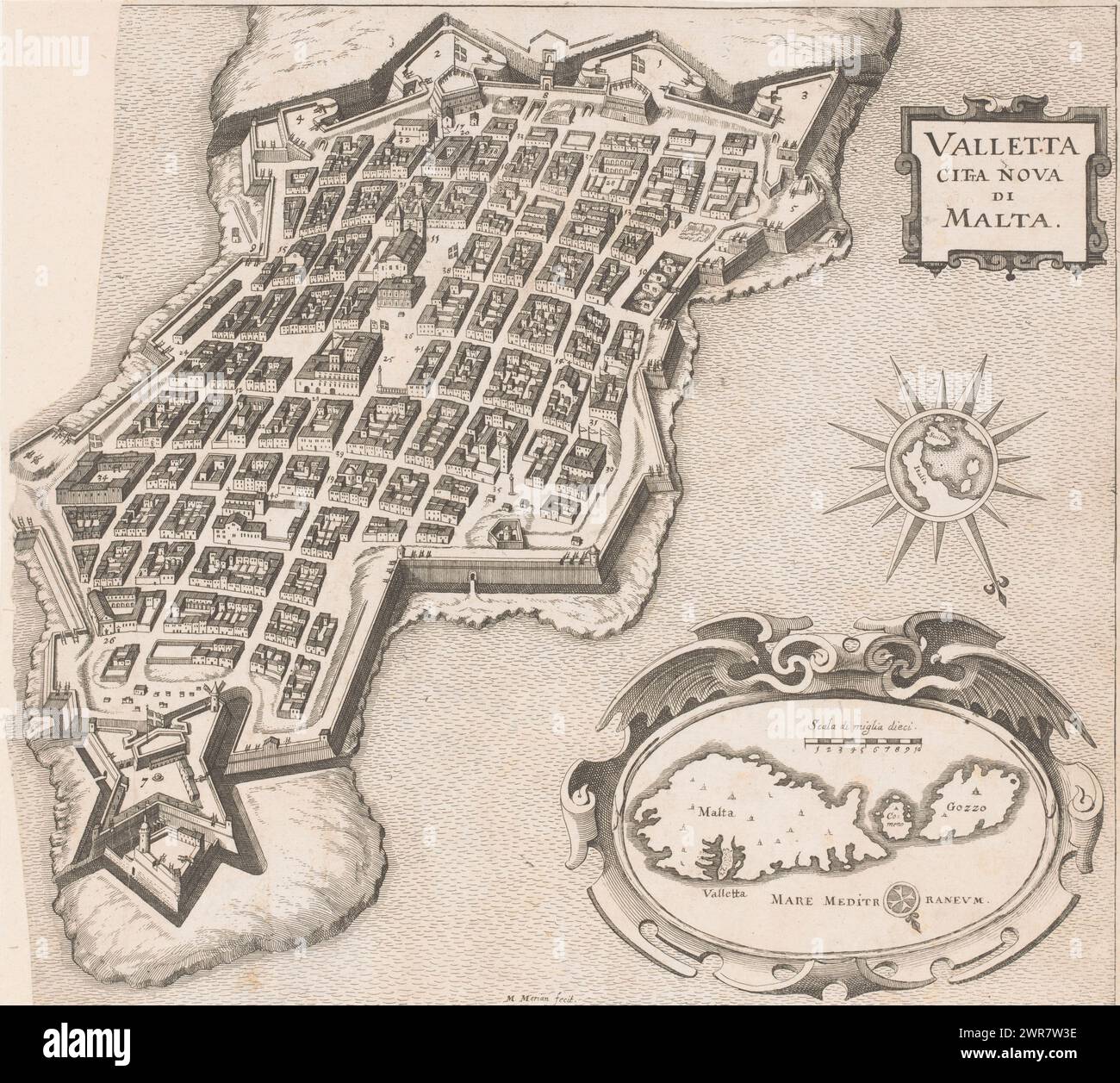 Map of Valletta, Valletta citta nova di Malta, print maker: Matthäus Merian (I), after print by: Francesco Villamena, Matthäus Merian (I), 1636, paper, etching, height 280 mm × width 318 mm Stock Photo