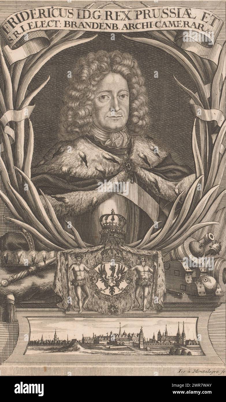 Portrait of Frederick I, King of Prussia, with cityscape, print maker: Joseph de Montalegre, 1700 - 1799, paper, engraving, etching, height 291 mm × width 180 mm, print Stock Photo