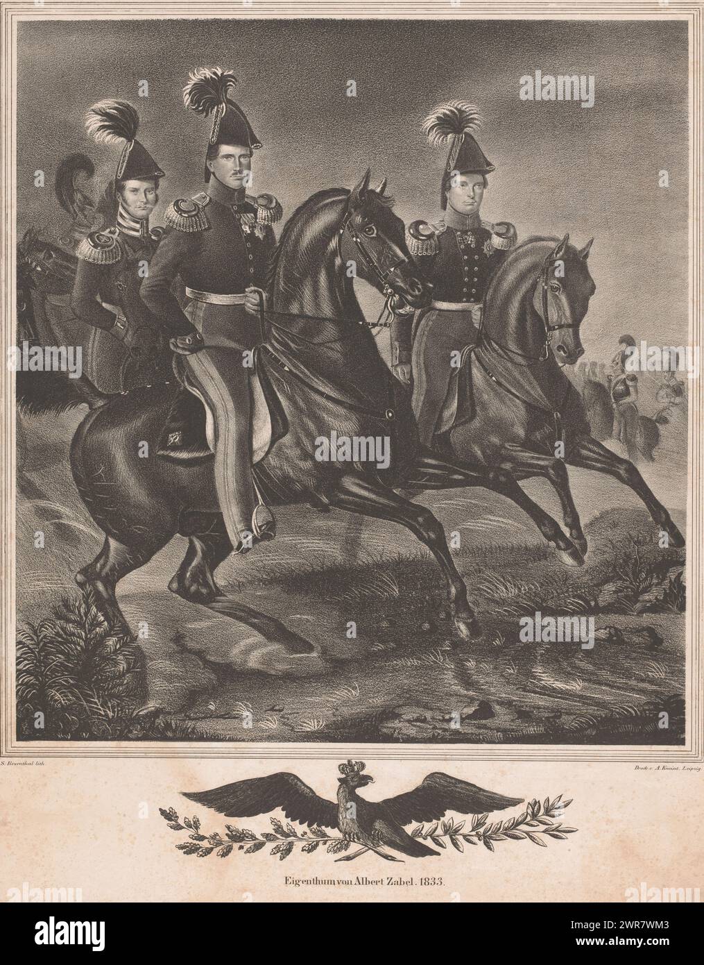 Friedrich Wilhelm III of Prussia with his sons on horseback, Friedrich Wilhelm III of Prussia on horseback. Behind him are his sons Frederik Willem and Wilhelm. In the background riders on horseback. Below the image a crowned eagle on olive branch and oak branch., print maker: S. Rosenthal, printer: August Kneisel, Leipzig, 1833, paper, height 537 mm × width 411 mm, print Stock Photo