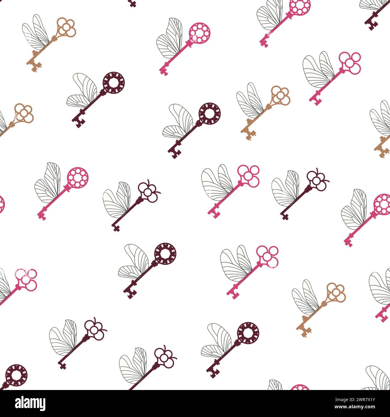 Seamless pattern with magic keys with wings. Stock Vector