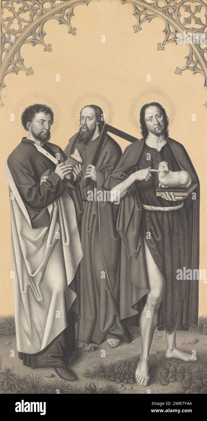 Saint Bartholomew, Thomas and John the Baptist, Works from the collection of the Boisserée brothers (series title), Galerie des Frères Boisserée (series title), print maker: Johann Nepomuk Strixner, after painting by: Israhel van Meckenem, Johann Nepomuk Strixner, München, 1827, paper, height 567 mm × width 302 mm, print Stock Photo