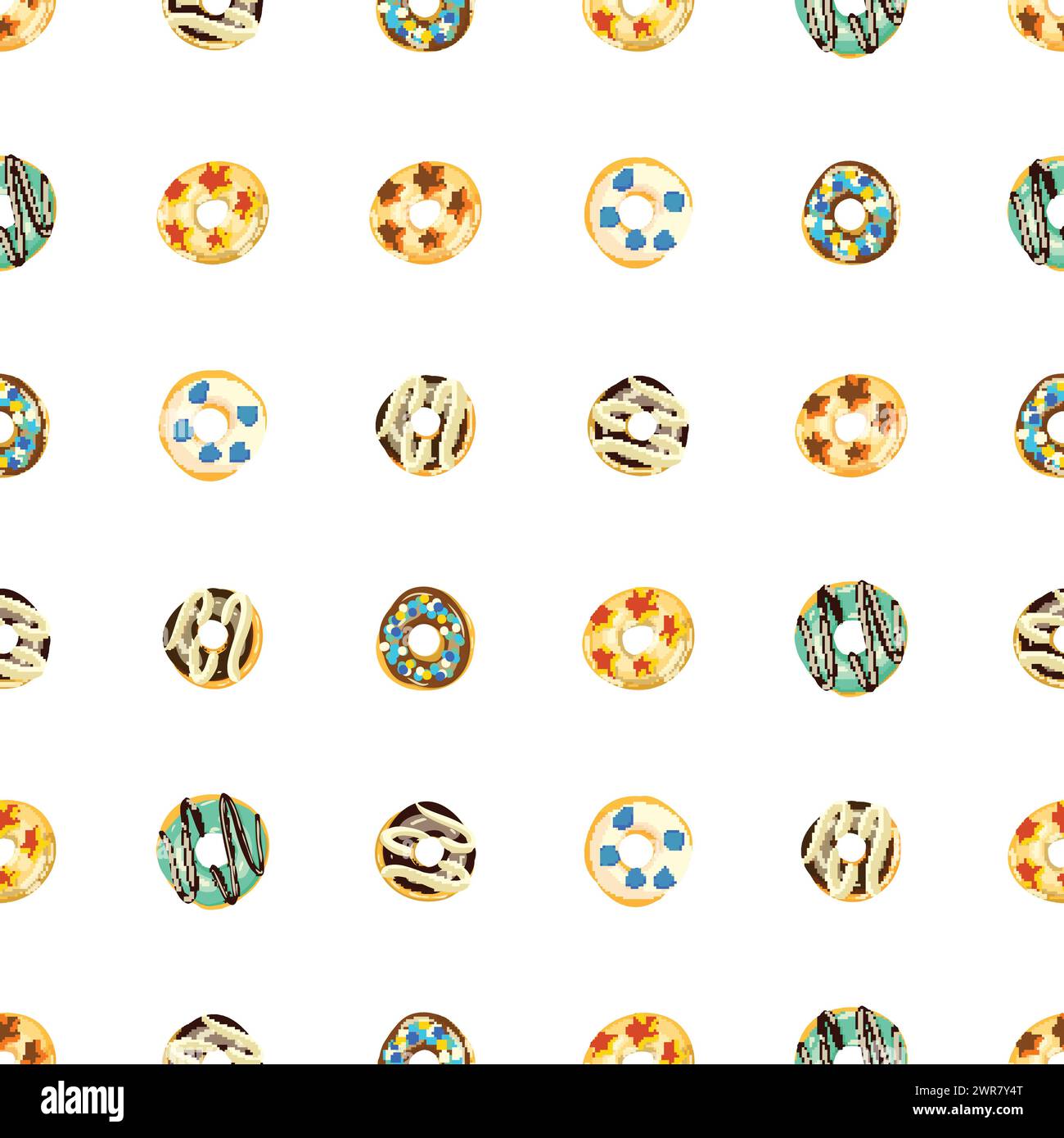 Seamless donut pattern on white background with various toppings Stock ...