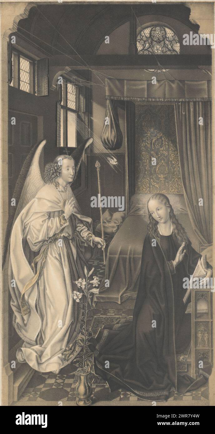 Annunciation, Works from the collection of the Boisserée brothers (series title), Galerie des Frères Boisserée (series title), print maker: Johann Nepomuk Strixner, after painting by: Jan van Eyck, Johann Nepomuk Strixner, Stuttgart, 1824, paper, height 568 mm × width 302 mm, print Stock Photo