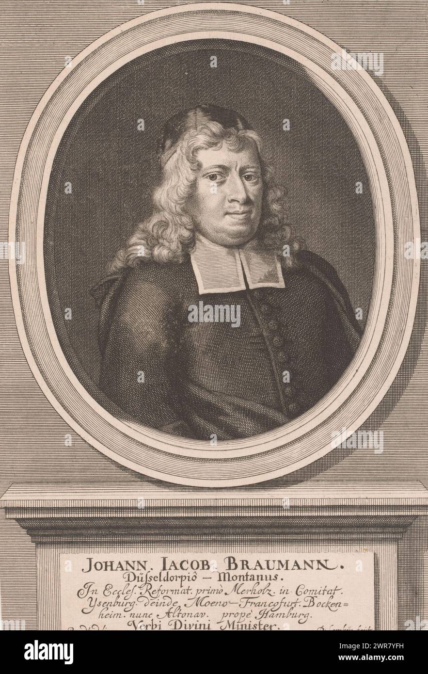 Portrait of Johann Jacob Braumann, Text in Latin on the pedestal., print maker: Diederich Lemkus, after drawing by: Hans Hinrich Rundt, 1703 - 1730, paper, engraving, height 249 mm × width 169 mm, print Stock Photo