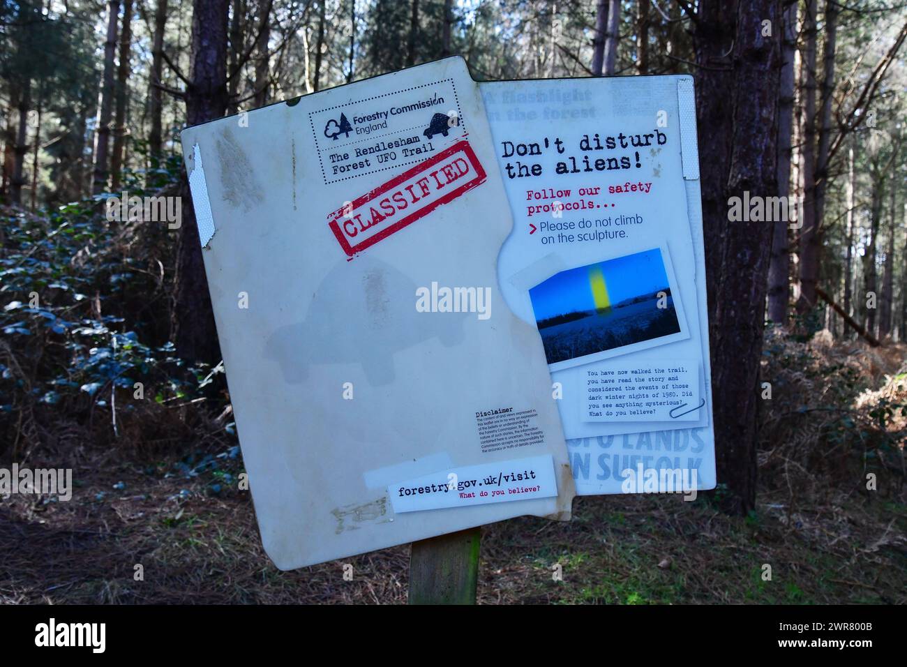 Don't disturb the aliens, Rendlesham Forest UFO site, information board