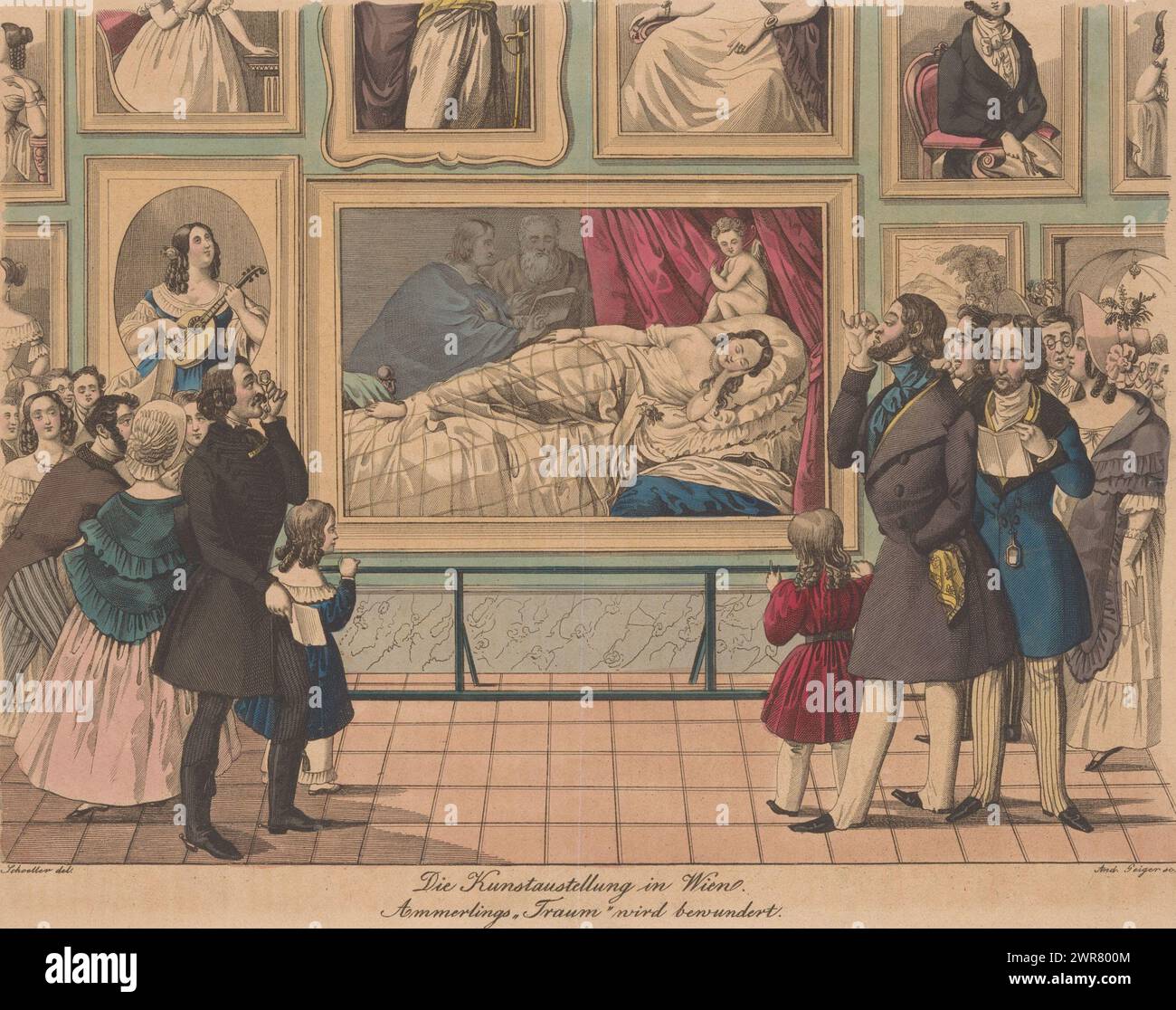 Ladies and gentlemen view paintings at an exhibition in Vienna, Die Kunstausstellung in Wien (title on object), numbered top right: No. 27., print maker: Andreas Geiger, after design by: Johann Christian Schoeller, 1829 - 1848, paper, etching, height 212 mm × width 260 mm, print Stock Photo