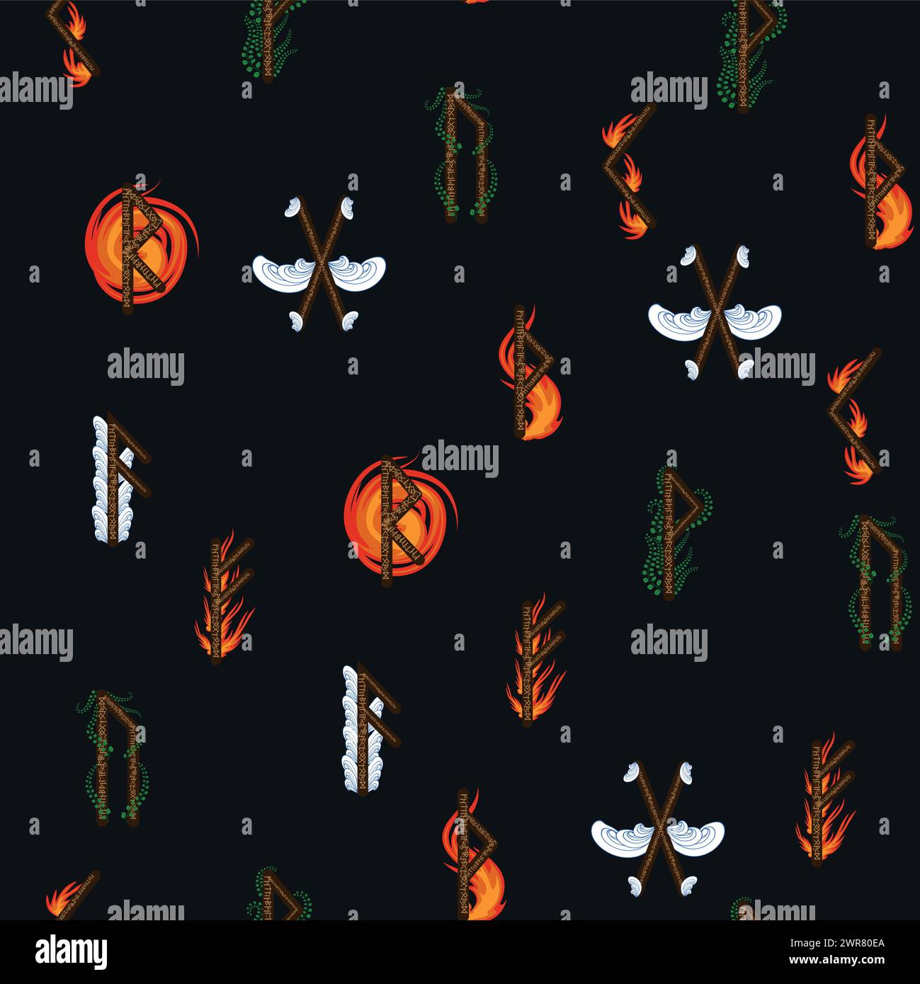 Hand drawn runic letters seamless pattern with elemental symbols. Magic ...