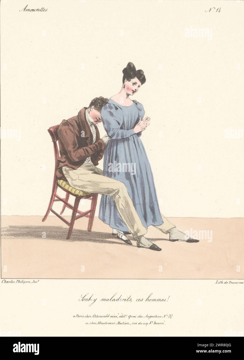 Man helps woman fasten her dress, Sont-y maladroits, ces hommes! (title on object), Love scenes (series title), Amourettes (series title on object), print maker: Charles Philipon, after design by: Charles Philipon, printer: Pierre François Ducarme, Paris, 1827 - 1829, paper, height 294 mm × width 220 mm, print Stock Photo