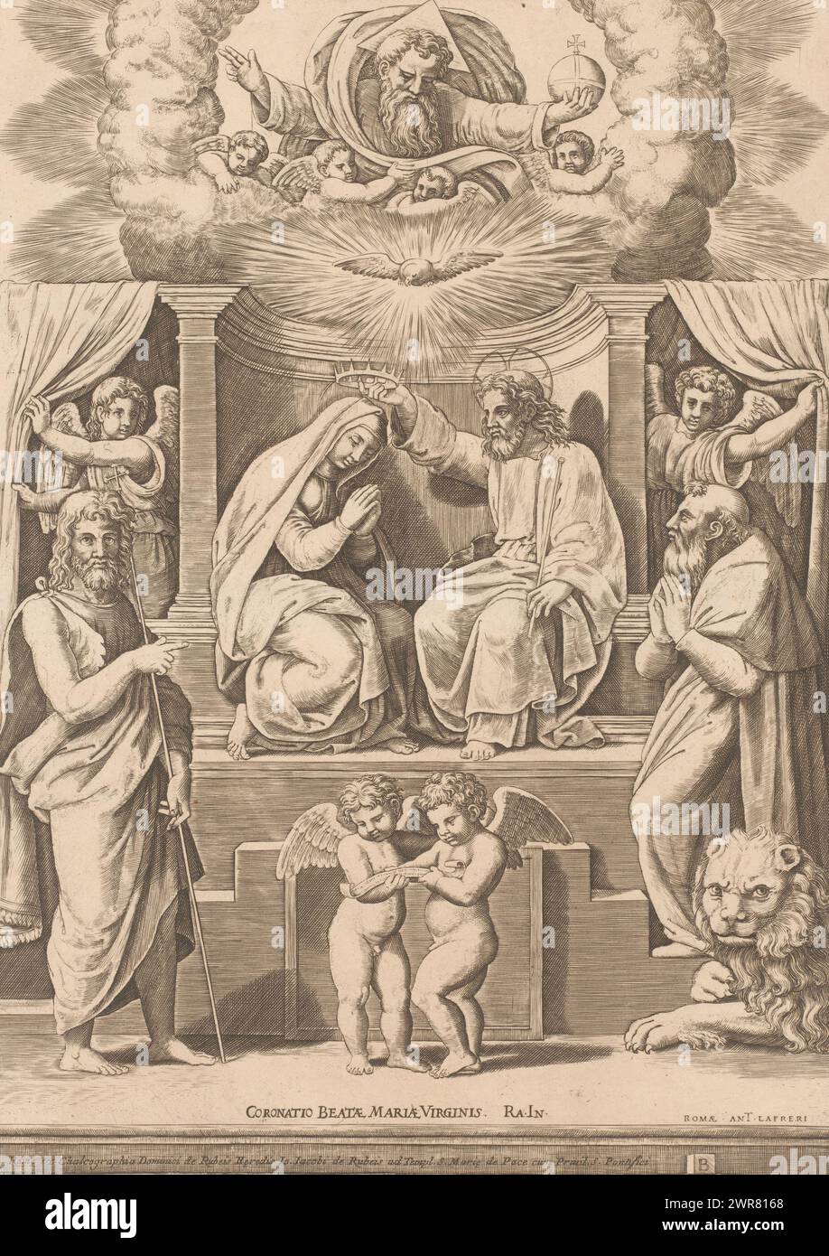 Mary crowned by Christ, Coronatio Beatae Mariae Virginis (title on object), In the middle Mary is crowned by Christ. In the foreground on the left is Saint John the Baptist and on the right is Saint Jerome with lion. In the sky God the Father and the Holy Spirit as a dove. Title bottom center., print maker: Meester van de Dobbelsteen, after design by: Rafaël, publisher: Antonio Lafreri, print maker: Italy, after design by: Italy, publisher: Rome, publisher: Italy, publisher: Rome, Vatican City, c. 1530 - c. 1560 and/or 1691 - 1729, paper, engraving, etching, width 361 mm × height 260 mm Stock Photo