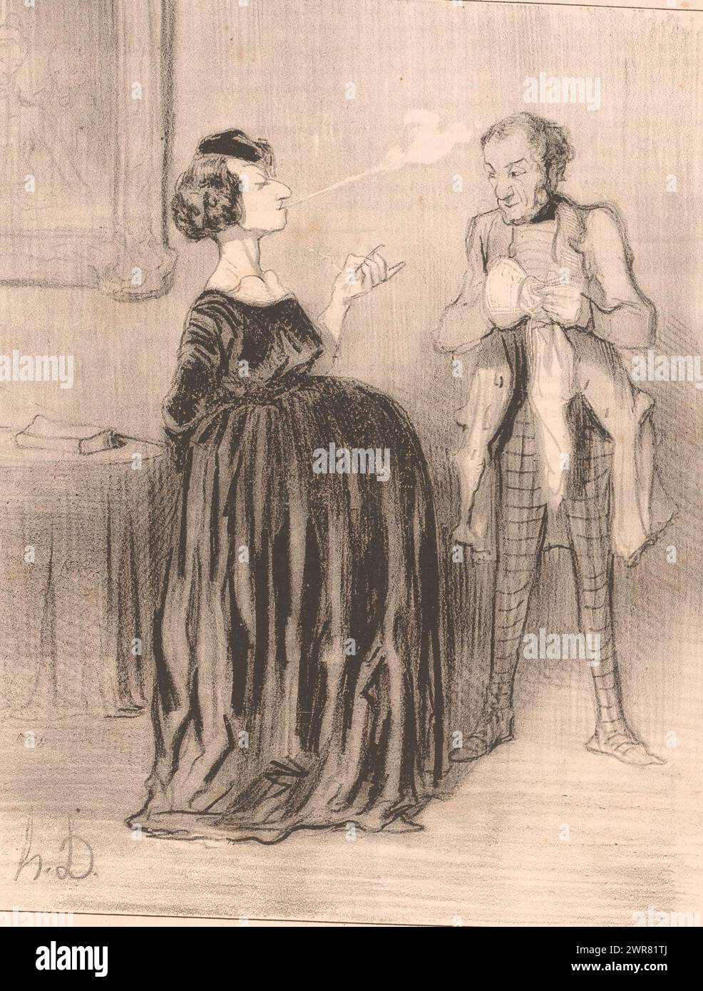 Caricature of a pregnant woman with her husband, Dis donc... mon mari (...) (title on object), Pedantic women (series title), Les Bas-Bleus (series title on object), While smoking a cigarette the woman tells her husband, who is polishing or drying an object with a cloth, what names she has in mind for her book and for her child. However, she will not decide anything before consulting her employee., print maker: Honoré Daumier, printer: Aubert & Cie., publisher: Aubert & Cie., Paris, 1844, paper, height 363 mm × width 242 mm Stock Photo