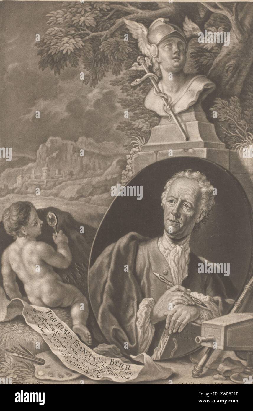 Portrait of Joachim Franz Beich at the age of 80, print maker: Johann Jacob Haid, publisher: Johann Jacob Haid, after drawing by: Johann Georg Bergmüller, Augsburg, 1745 - 1748, paper, height 408 mm × width 275 mm, print Stock Photo