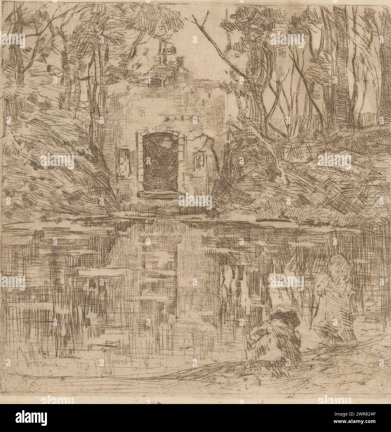 Ruin on a pond, Ruin on a pond (Lage Vuursche) (original title), print maker: Willem de Zwart, c. 1896, paper, etching, drypoint, height 151 mm × width 150 mm, print Stock Photo