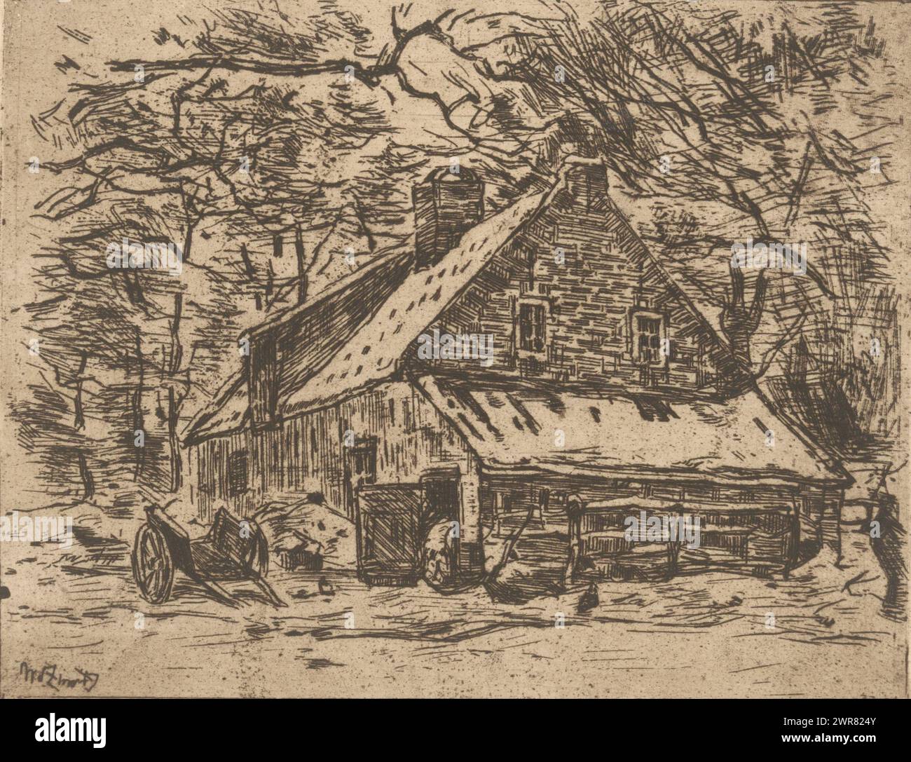 House in the woods, Farm (Lage Vuursche) (original title), print maker: Willem de Zwart, (signed by artist), c. 1895 - c. 1896, paper, etching, height 130 mm × width 161 mm, print Stock Photo