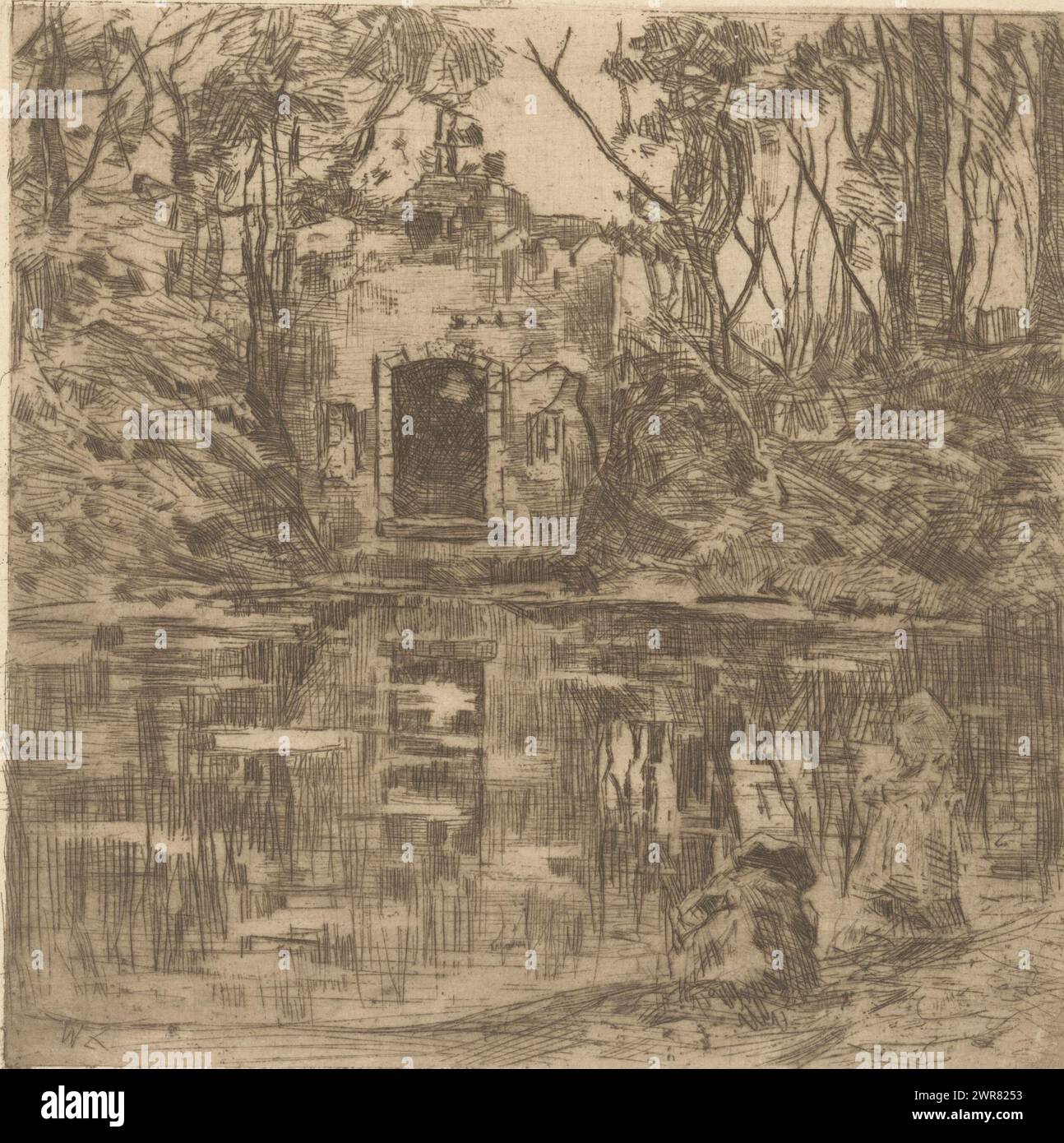 Ruin on a pond, Ruin on a pond (Lage Vuursche) (original title), print maker: Willem de Zwart, c. 1896, paper, etching, drypoint, height 151 mm × width 151 mm, print Stock Photo