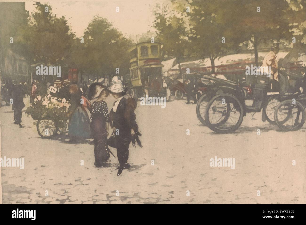 Street view in Paris, numbered bottom left: 6., print maker: Manuel Robbe, (signed by artist), 1882 - 1936, paper, height 332 mm × width 495 mm, print Stock Photo