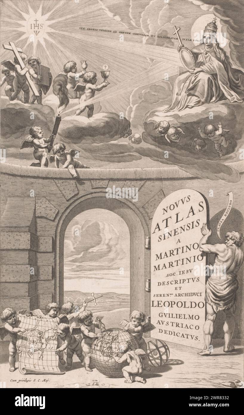 Allegorical representation of the mission of the Jesuits in China and the geographical knowledge they acquired during this mission, Title page for: Martino Martini, Novus Atlas Sinensis, 1655, A man in a loincloth opens the gate to China. On the left is a group of putti with navigation instruments, a map of China and a globe focused on Southeast Asia. Above it, on the left, the monogram IHS radiates towards a personification of Christianity. She holds a mirror and reflects the rays towards a putto with a torch and lights it. There are putti with church attributes on clouds. Stock Photo