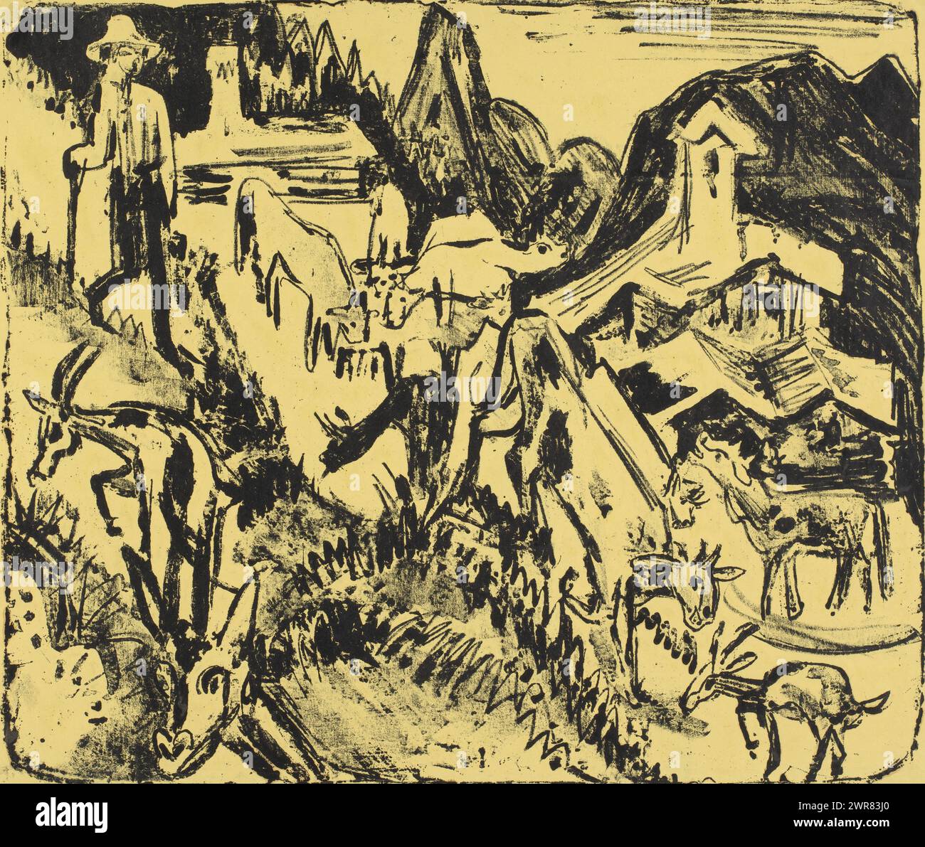 Goatherd with his herd in the mountains, in the background the Stafelalp., print maker: Ernst Ludwig Kirchner, Germany, 1890 - 1938, paper, height 520 mm × width 680 mm, print Stock Photo