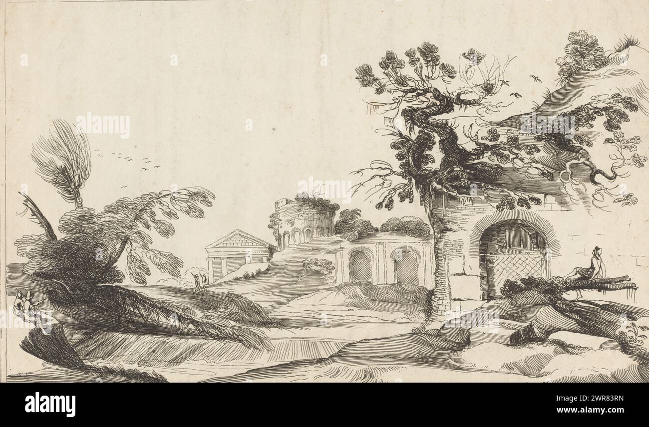 Landscape with waterfall and ruins, Prints after drawings from the Jabach cabinet (series title), print maker: Jean Pesne, after design by: Guercino, 1666 - 1695, paper, etching, height 261 mm × width 424 mm, print Stock Photo