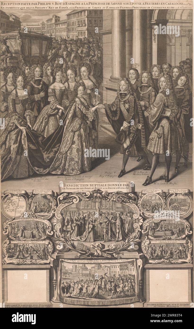 Reception of the Princess of Savoy by her husband Philip V of Spain, Reception faite par Philipe V. Roy d'Espagne a la Princesse de Savoye son epouse, a Figuieres en Catalogne le 2 9.bre 1701 (title on object), Reception of Princess Maria Louisa of Savoy by her husband Philip V on her arrival in Figueras in Spain, November 2, 1701. At the bottom several smaller scenes and two blank cartouches on which to stick a calendar or almanac., print maker: anonymous, publisher: Nicolas Langlois (I), publisher: Antoine Trouvain, print maker: France, publisher: Paris, publisher: Paris, France Stock Photo