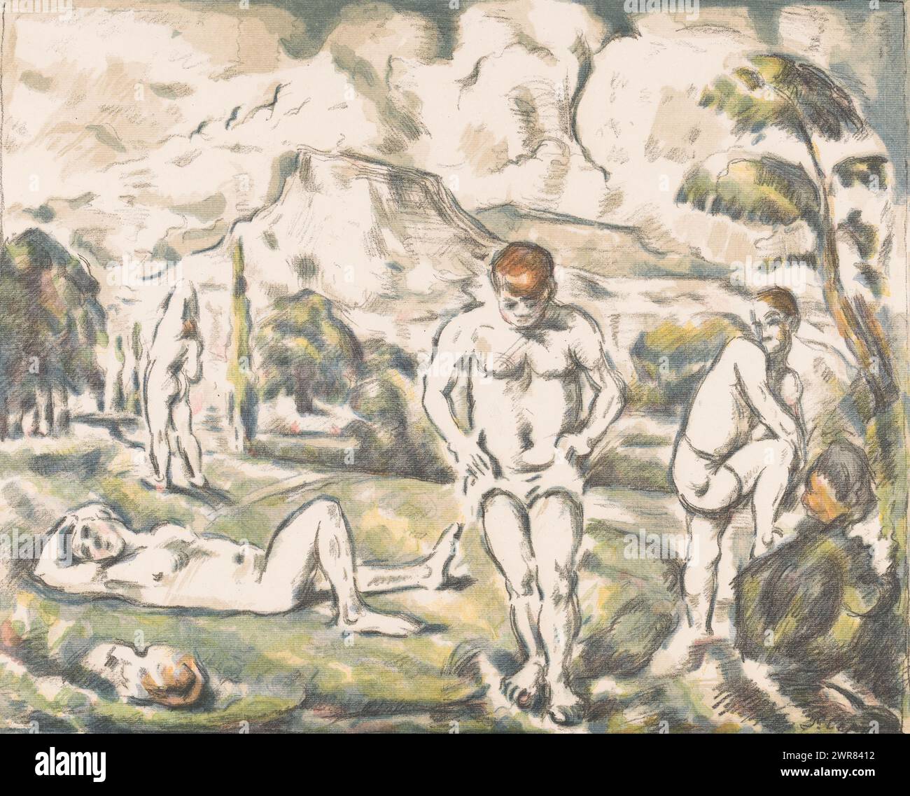 Men bathing in a hilly landscape, Les Grands Baigneurs, Baigneurs au repos, print maker: Paul Cézanne, after painting by: Paul Cézanne, printer: Auguste Clot, Paris, c. 1896 - c. 1898, paper, height 479 mm × width 635 mm, print Stock Photo