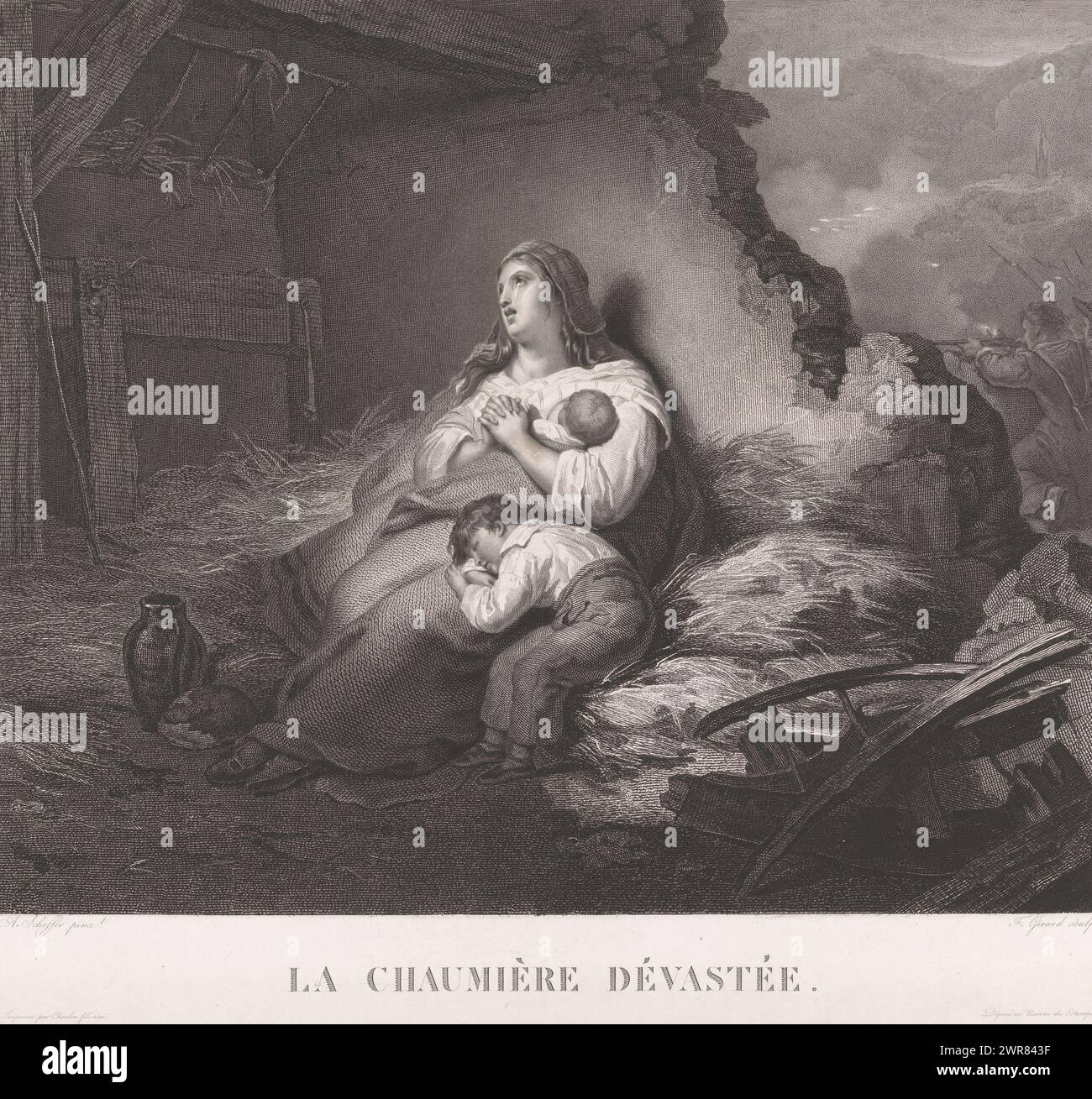 Crying woman with two children, La chaumière dévastée (title on object), A crying woman with two children sits in a destroyed house or stable. Shooting soldiers can be seen in the background on the right., print maker: Alexis François Girard, after painting by: Ary Scheffer, printer: Chardon fils, Paris, 1825 - 1852, paper, engraving, etching, height 471 mm × width 534 mm, print Stock Photo