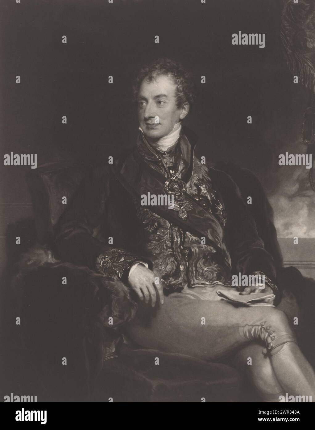 Portrait of Klemens Wenzel Lothar von Metternich, Portrait of Klemens von Metternich, Text in English in the bottom margin., print maker: Samuel Cousins, after design by: Thomas Lawrence, publisher: Colnaghi & Co, London, 1-Sep-1830, paper, height 305 mm × width 378 mm, print Stock Photo