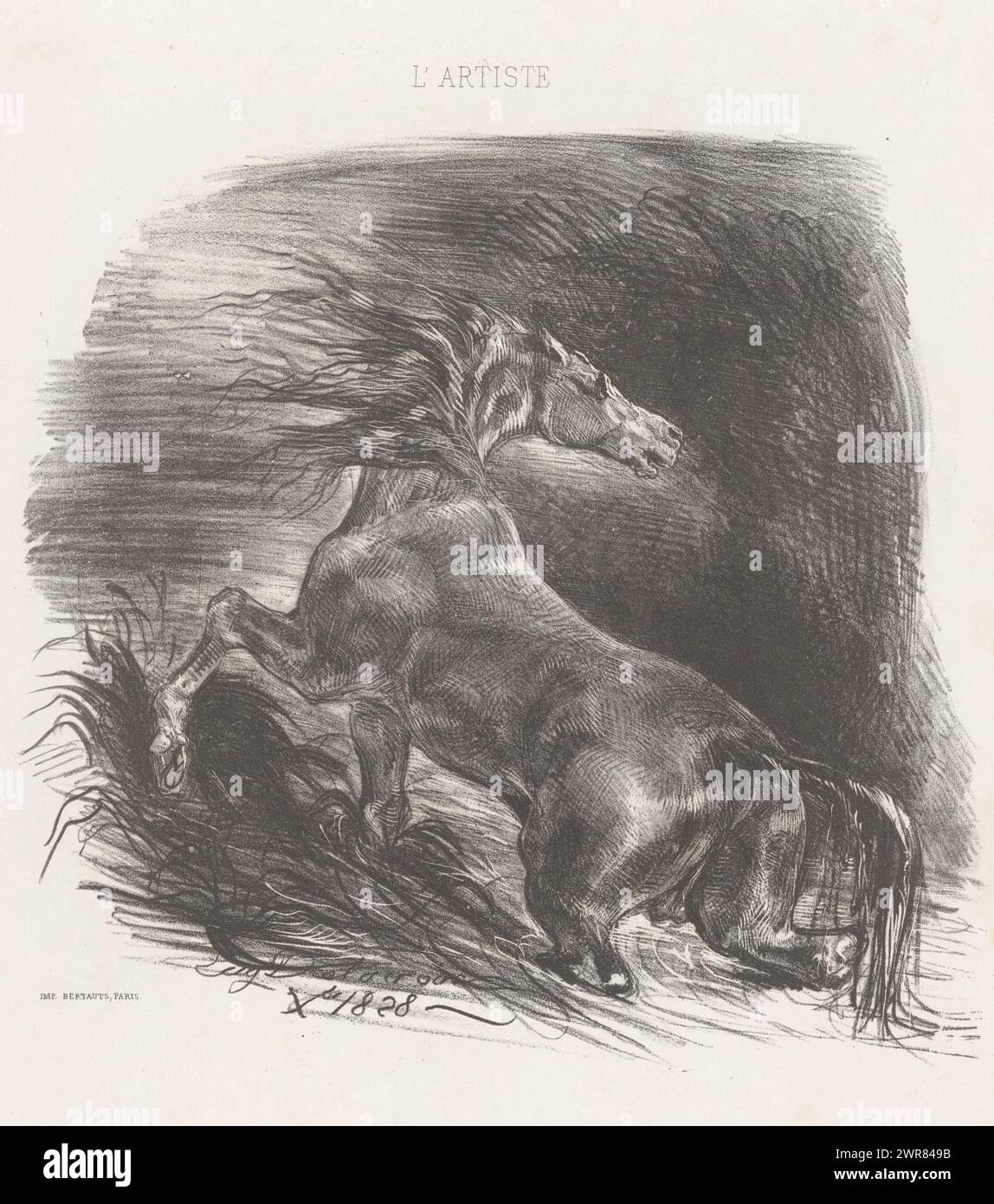 Wild horse, Cheval sauvage, print maker: Eugène Delacroix, printer: Victor Jacques Bertauts, Paris, 1828, paper, height 348 mm × width 270 mm, print Stock Photo