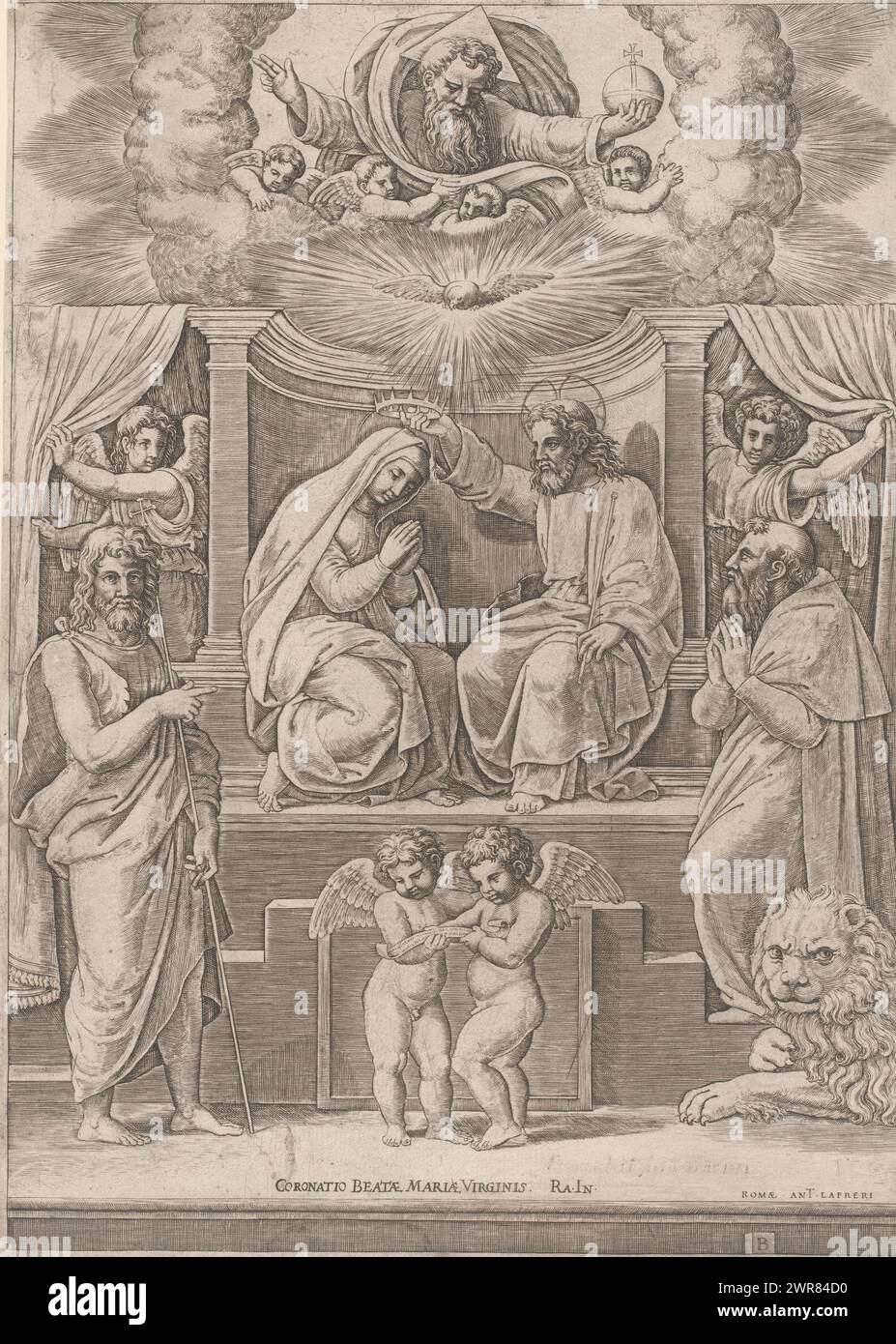 Mary crowned by Christ, Coronatio Beatae Mariae Virginis (title on object), In the middle Mary is crowned by Christ. In the foreground on the left is Saint John the Baptist and on the right is Saint Jerome with lion. In the sky God the Father and the Holy Spirit as a dove. Title bottom center., print maker: Meester van de Dobbelsteen, after design by: Rafaël, publisher: Antonio Lafreri, print maker: Italy, after design by: Italy, publisher: Rome, c. 1530 - c. 1560, paper, engraving, etching, height 359 mm × width 260 mm, print Stock Photo