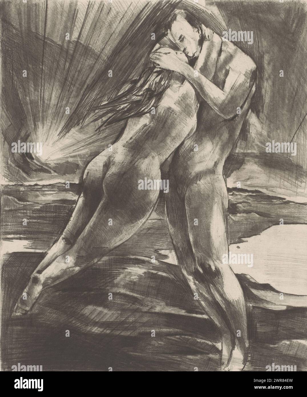 Bare landscape with a naked man and woman in embrace, print maker: Willy Jaeckel, (signed by artist), 1898 - 1944, paper, height 296 mm × width 246 mm, print Stock Photo