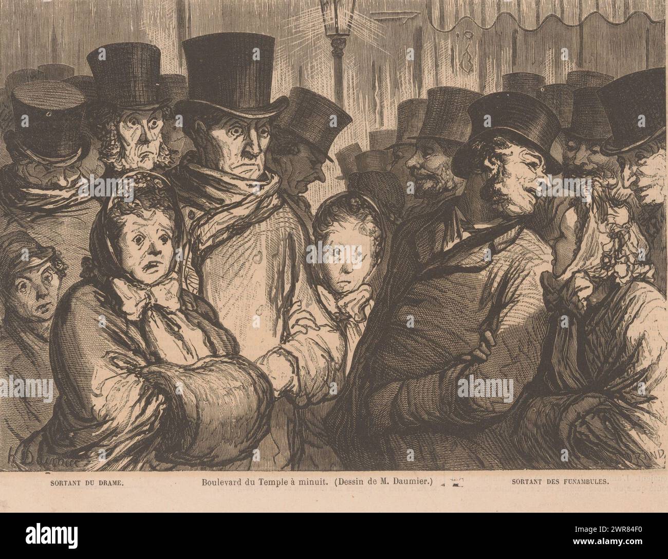 Theatergoers on the Boulevard du Temple at midnight, Boulevard du Temple à minuit (title on object), Two groups of people on the street after leaving the theater: a shocked group has visited a drama, a cheerful group a show with tightrope walkers., print maker: Charles Maurand, after design by: Honoré Daumier, 1862, paper, wood engraving, letterpress printing, height 194 mm × width 248 mm, print Stock Photo