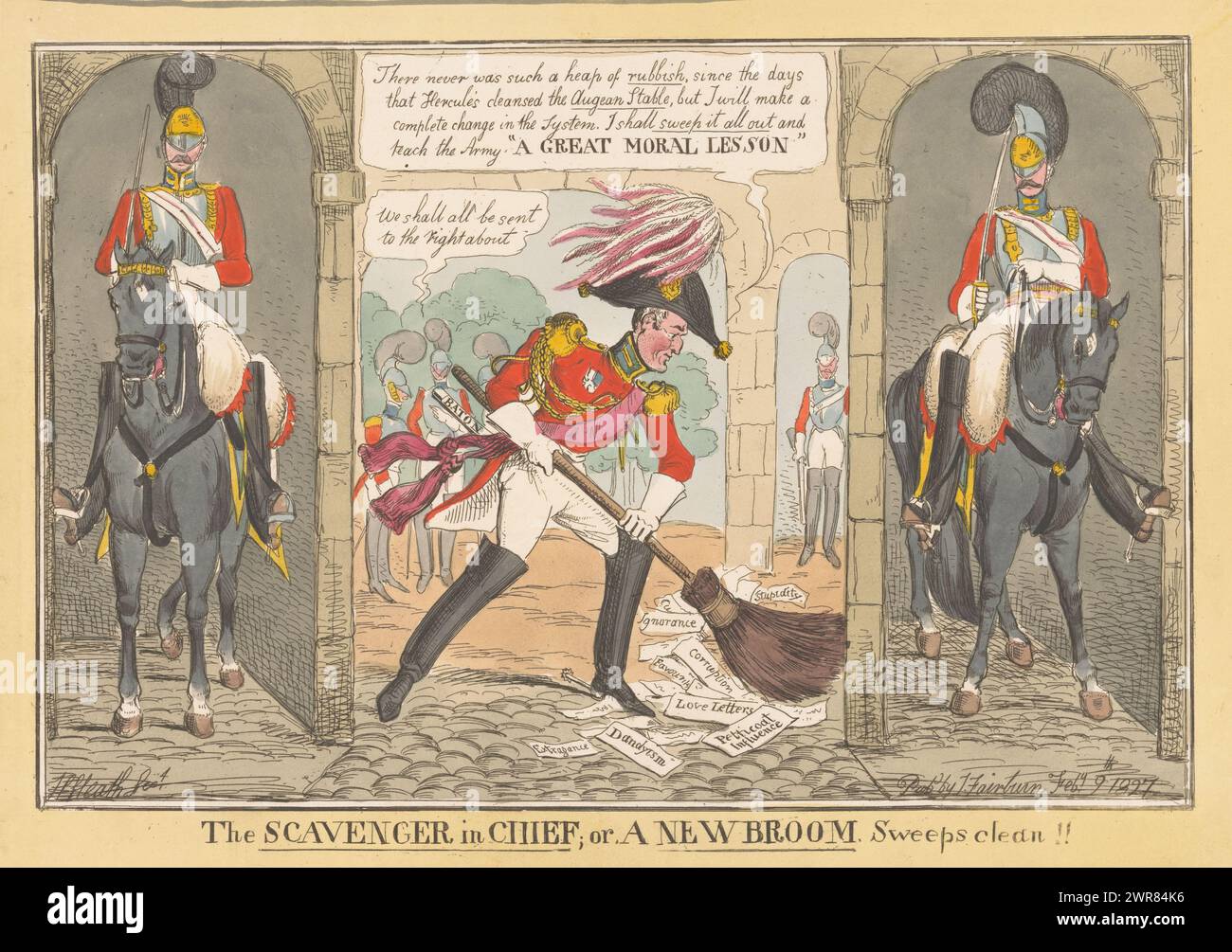 Cartoon with the Duke of Wellington, 1827, The Scavenger in Chief; or a New Broom Sweeps clean !!, Cartoon with the Duke of Wellington who comes to clean up the army. With a broom he fanatically sweeps papers with all kinds of inscriptions from the street, 1827. Left and right cavalry with 'Horse Guards'., print maker: Henry Heath, publisher: John Fairburn, print maker: England, publisher: London, 9-Feb-1827, paper, etching, height 250 mm × width 352 mm Stock Photo
