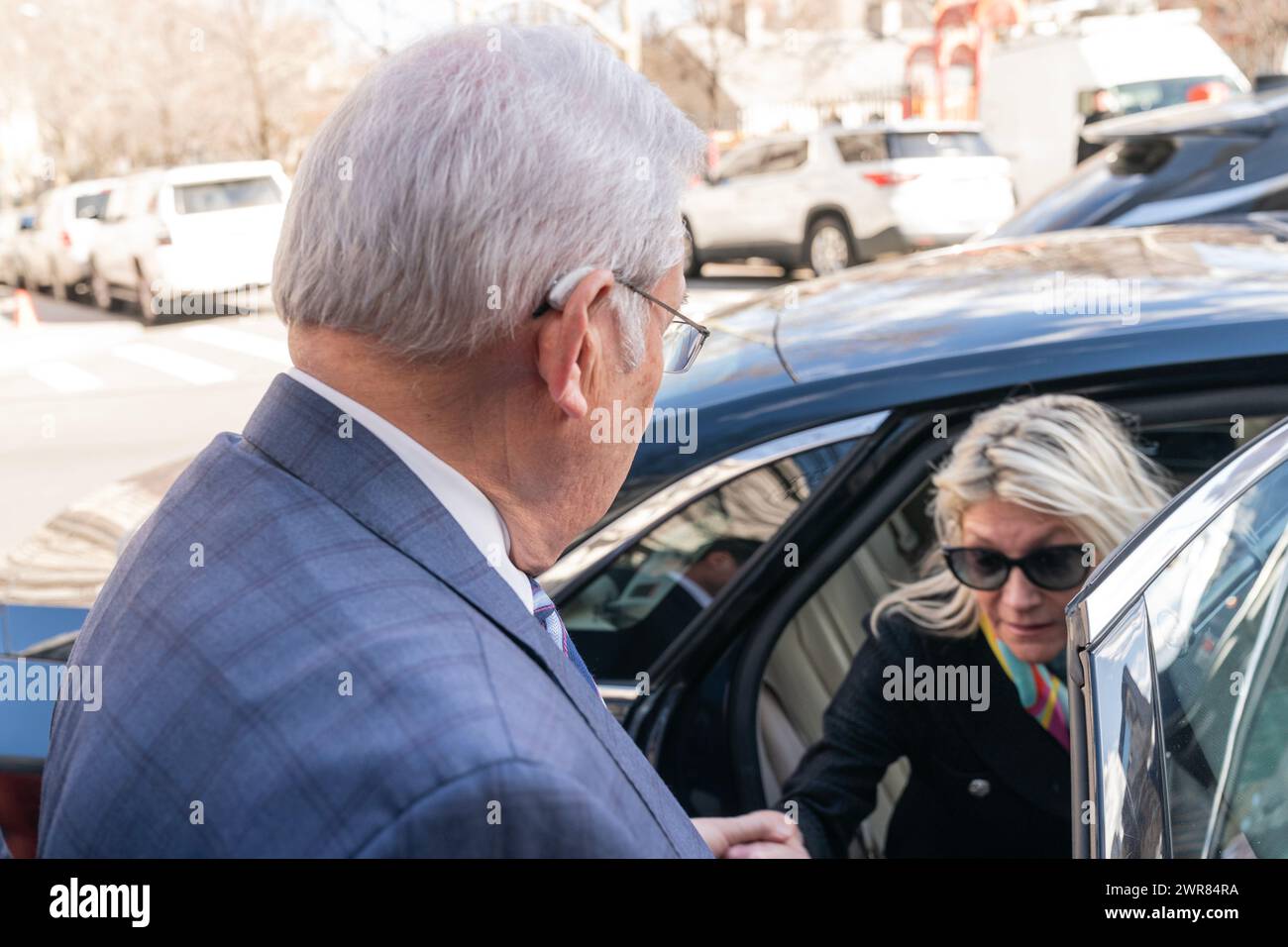 Senator Bob Menendez and his wife Nadine Menendez arrives to Manhattan Federal court in New York after arraignment on new charges in bribery case on March 11, 2024 Stock Photo