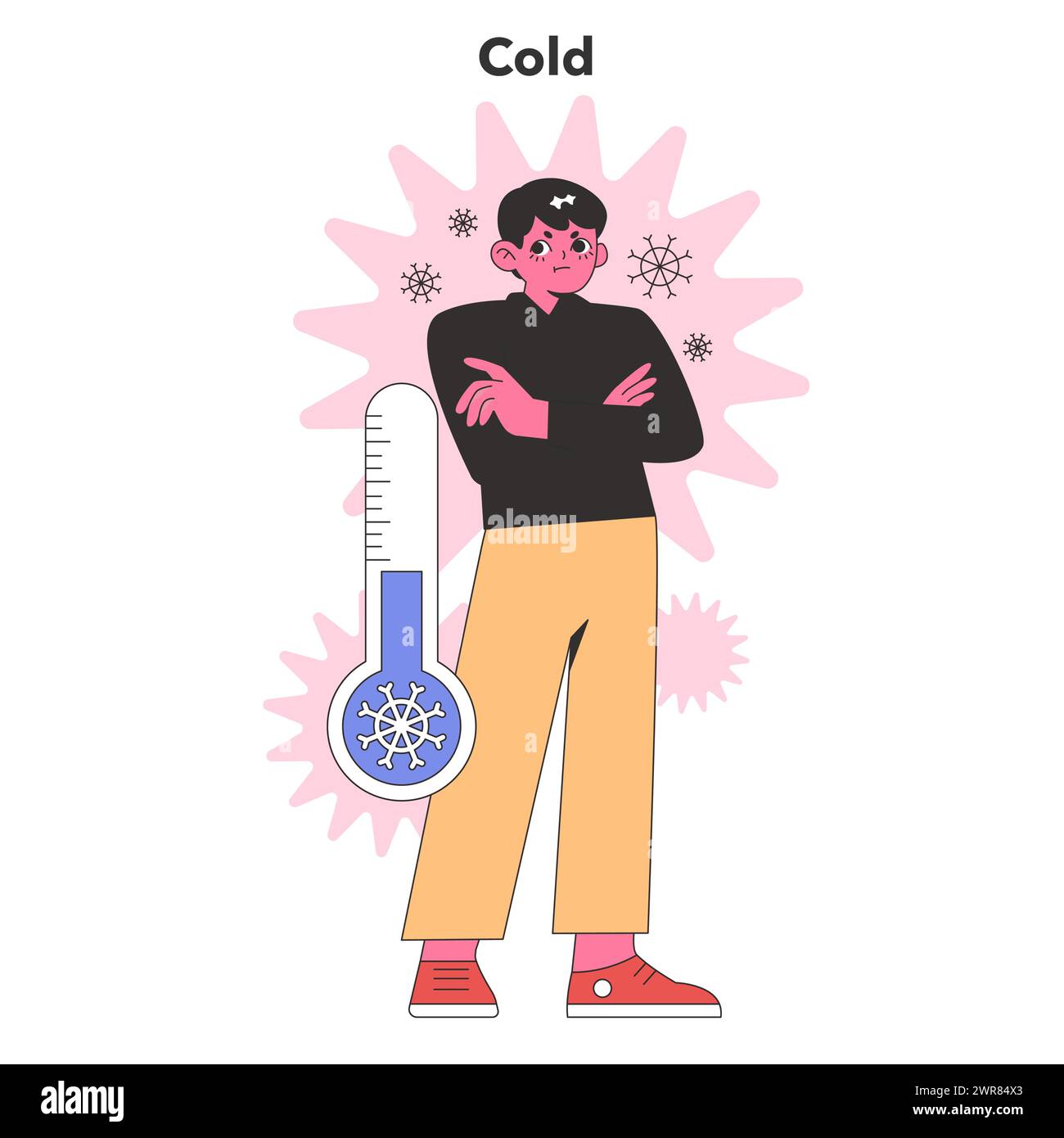 Cold Personality trait. An aloof character stands amidst symbolic frost, evoking feelings of emotional distance and chill. Flat vector illustration. Stock Vector