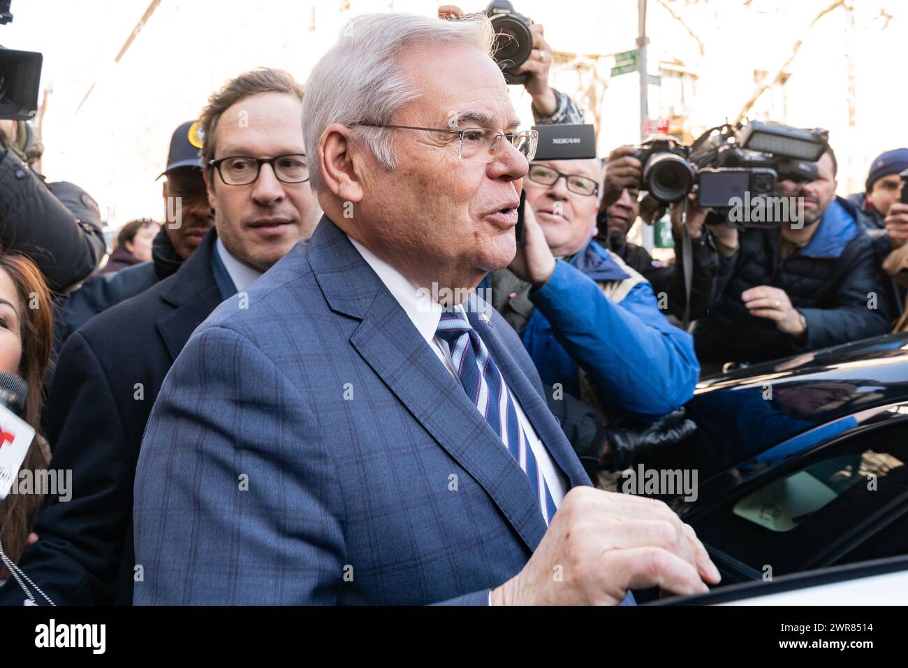 Senator Bob Menendez and his wife Nadine Menendez depart Manhattan Federal court in New York after arraignment on new charges in bribery case on March 11, 2024 Stock Photo