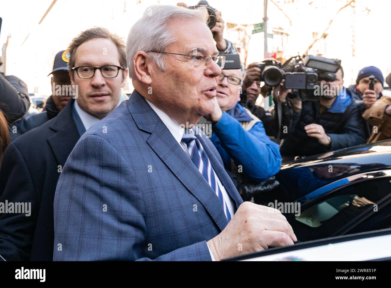 Senator Bob Menendez and his wife Nadine Menendez depart Manhattan Federal court in New York after arraignment on new charges in bribery case on March 11, 2024 Stock Photo