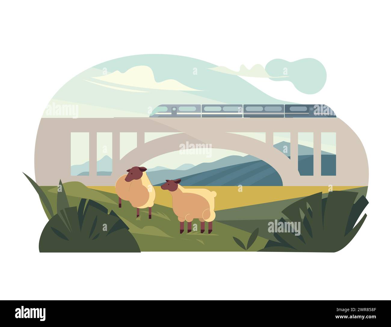 Travelling by Train. A sleek train speeds through a tranquil countryside, observed by grazing sheep. Embodies the harmony of technology and nature. Stock Vector